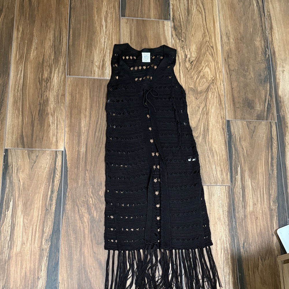 Black Crochet Fringe Vest